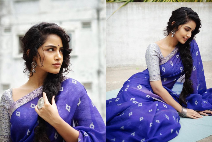Anupama Parmeswaran in blue saree