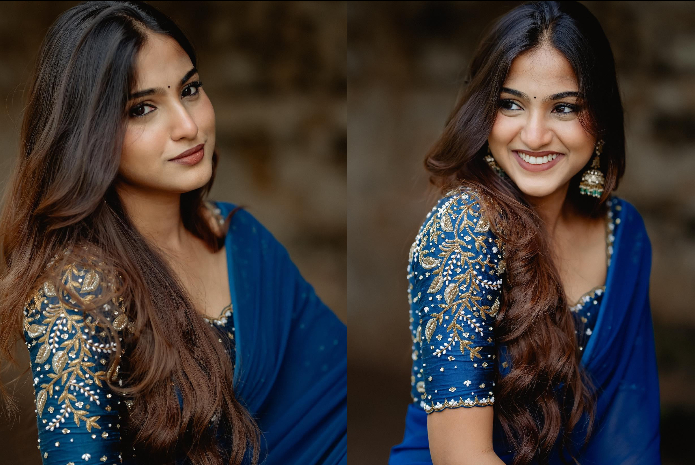 Pranavi Manukonda in blue saree