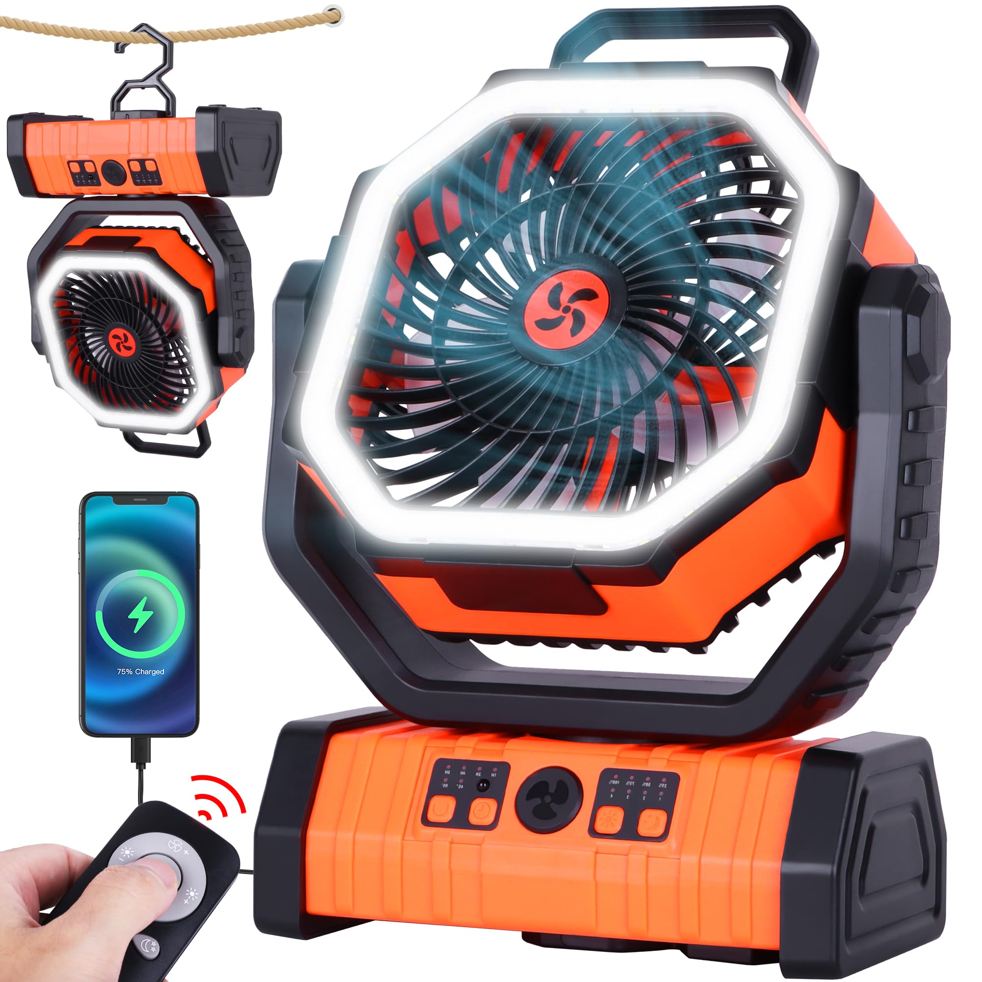 Portable Battery Operated Fan, 20000mAh Rechargeable Camping Fan, 58H Cooling, Tilt Head, 4 Speed Floor Fan with LED Light and Hook for Tent Car Travel Jobsite Fishing Outdoor Hurricane Power Outage